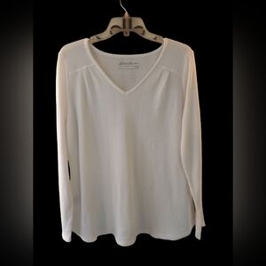 Eddie Bauer Thermal Henley Top Womens White Med Waffle Knit Shirt